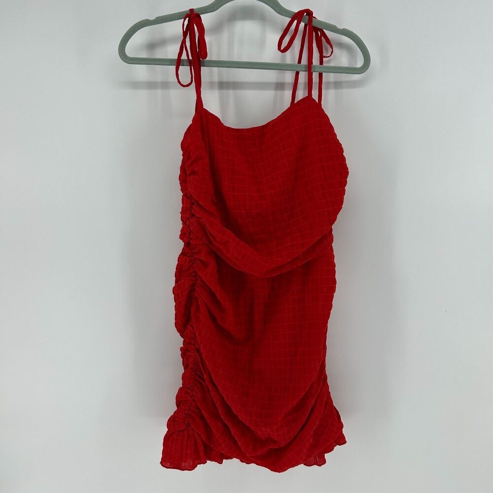 NWT Lovers + Friends Amy Dress Ruched Tie Strap Mini Dress Women's S Red Ruffle